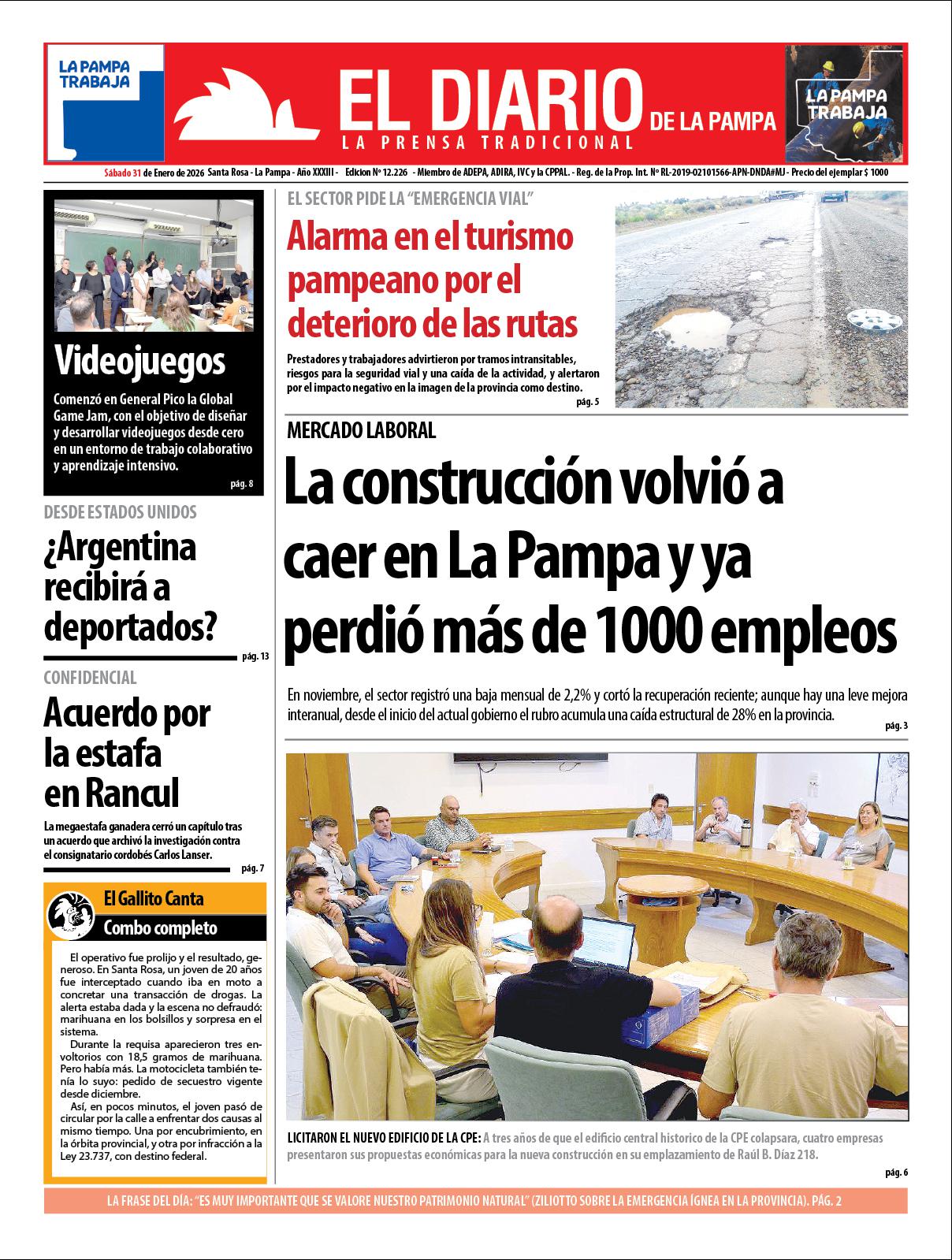 Tapa de El Diario en papel  saacutebado 31 de enero de 2026
